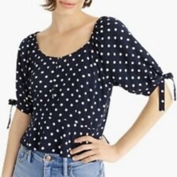 J. Crew Cropped Navy Polka Dot Top - Picture 2 of 7